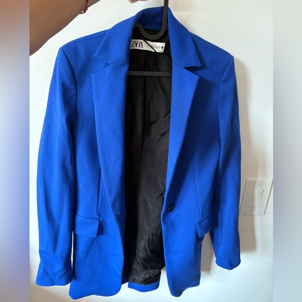 Zara Blue Blazer Tailored Silhouette Notched Lapel